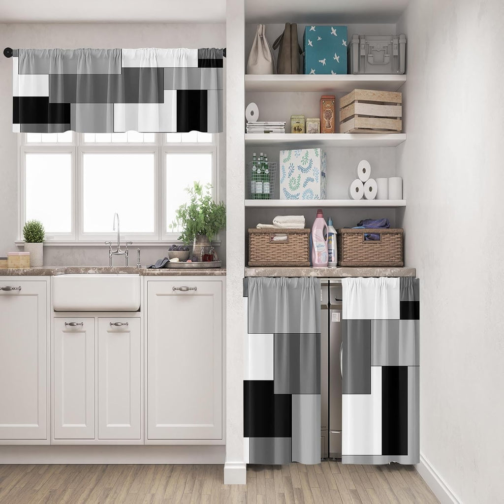 Black White Gray Kitchen Window Curtains Valance and Tier Set 36 Inch, Dark Grey Modern Geometric Rod Pocket Short