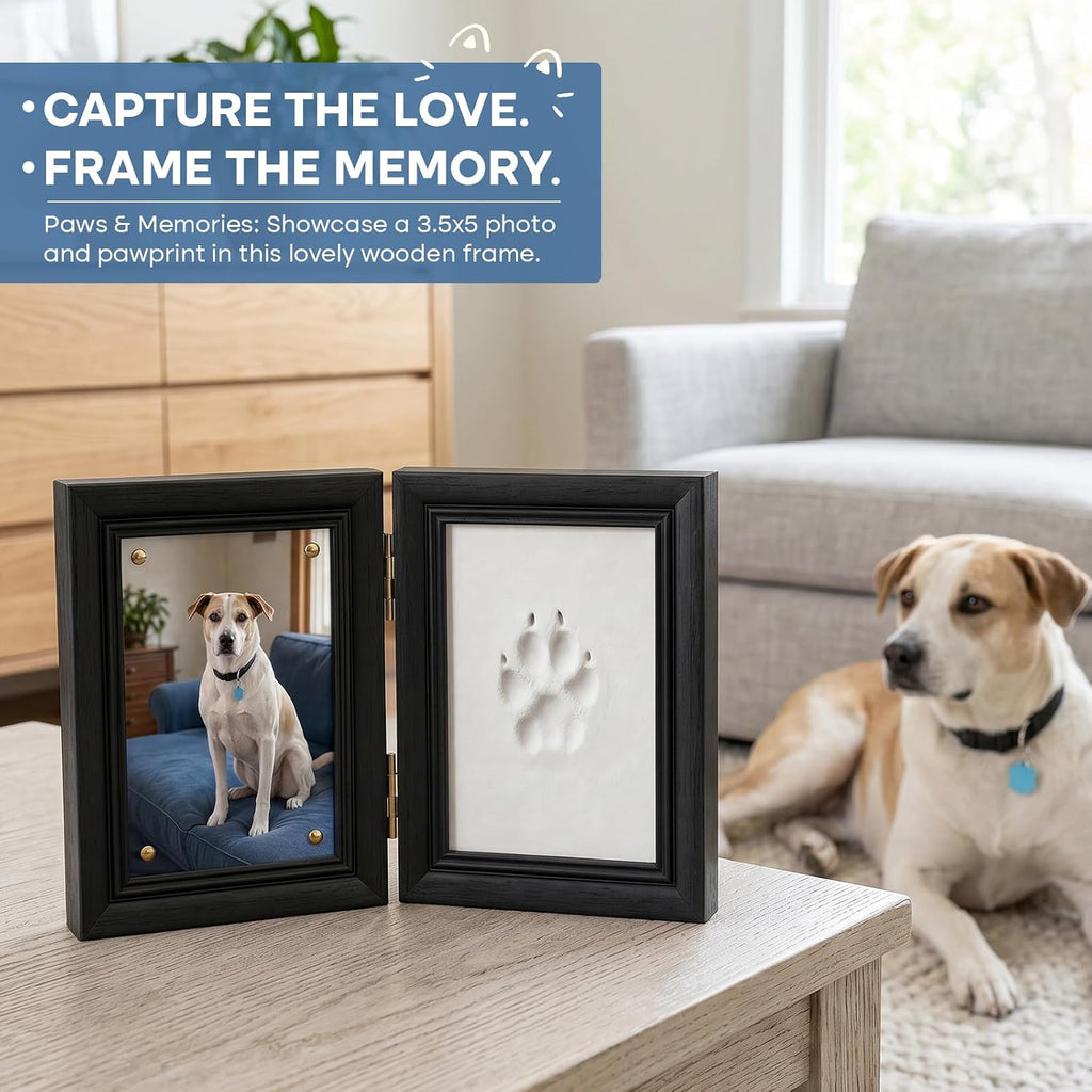 Pet Paw Print Photo Frame with No-Mess Clay - Wooden Shadow Box Keepsake for Dogs and Cats, DIY Memorial Picture
