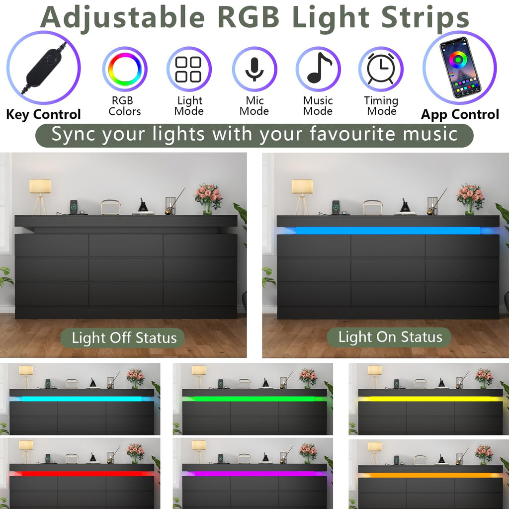 9 Drawer Dresser with Power Outlet, Modern Dresser with LED Light
