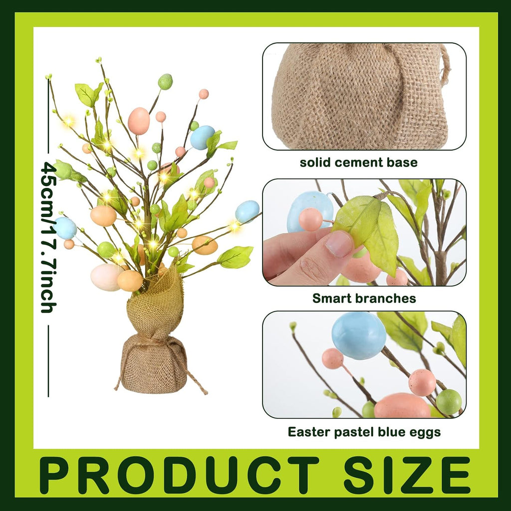 Easter Egg Tree Decorations 18 Inch Pre Lit Easter Egg Tree Tabletop Decor with LED Light Spring Party - Set of 2