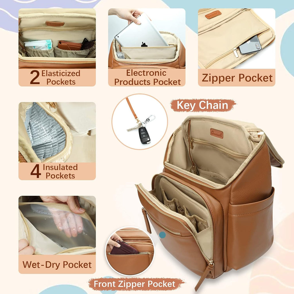 Diaper Bag Backpack Large Baby Diaper Bag Leather with 17 Diaper Bag Organizing Pouches,Changing Pad,Stroller