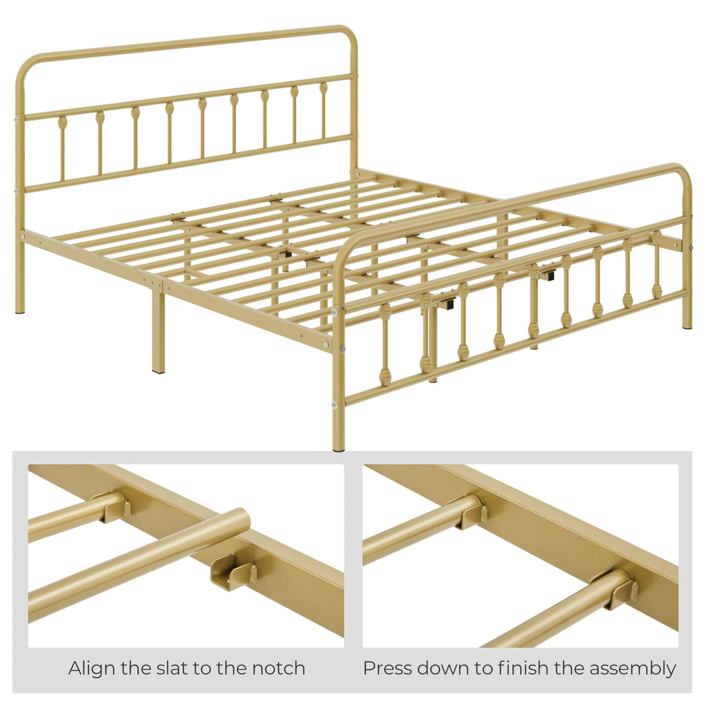 King Metal Bed Frame, Victorian Style Headboard, Antique Gold