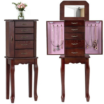 Standing Jewelry Cabinet with 4 Drawers, Flip Top Mirror, Walnut