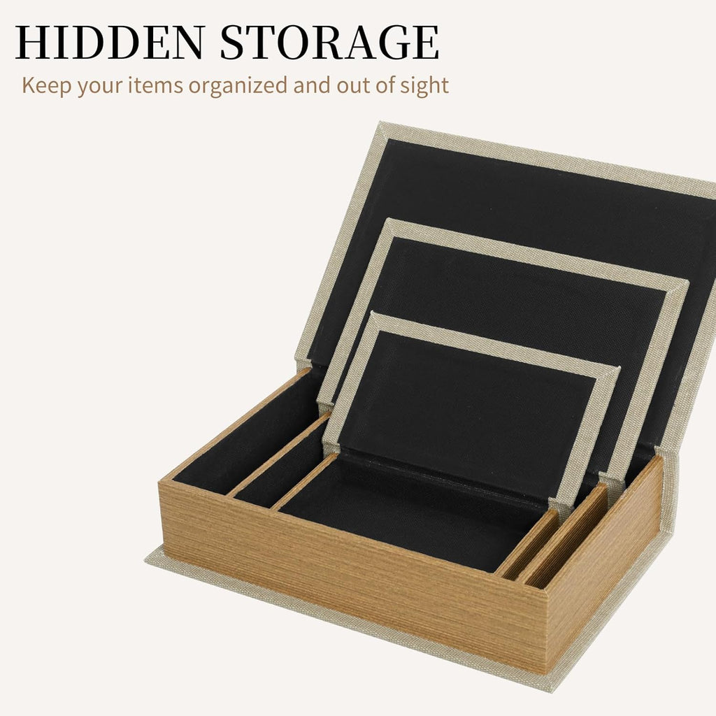 Decorative Book Boxes Set of 3 - Modern Faux Linen & Wood Hidden Storage for Coffee Table - Stackable Fake Books for