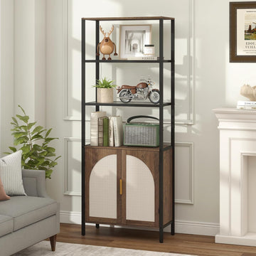 Rattan Bookshelf with Storage, Boho Bookcase with Wicker Doors, 71" Tall Book Shelf with LED Lights, Brown