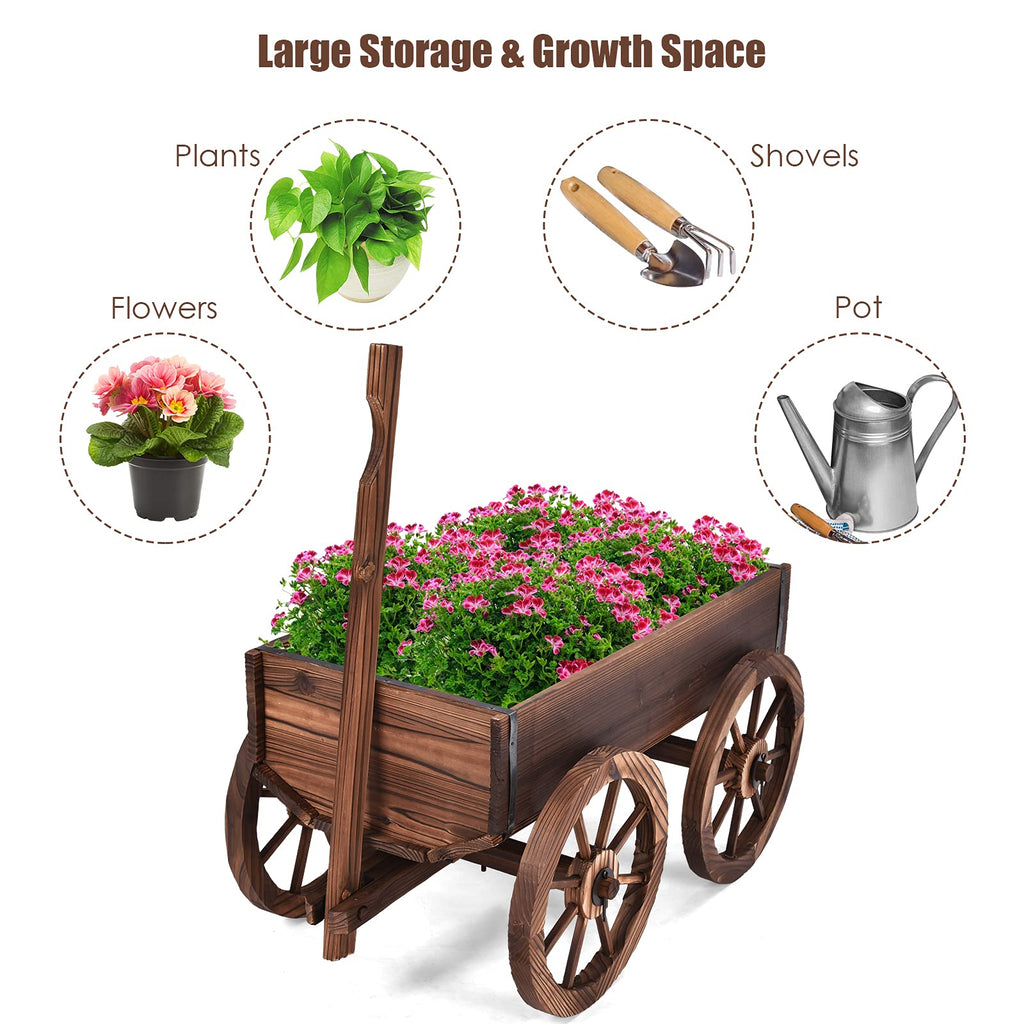 Wooden Wagon, Wood Flower Planter Pot Stand with 4 Wheels & Drainage Holes, Amish Wagon Planter, Rolling Pot Stand
