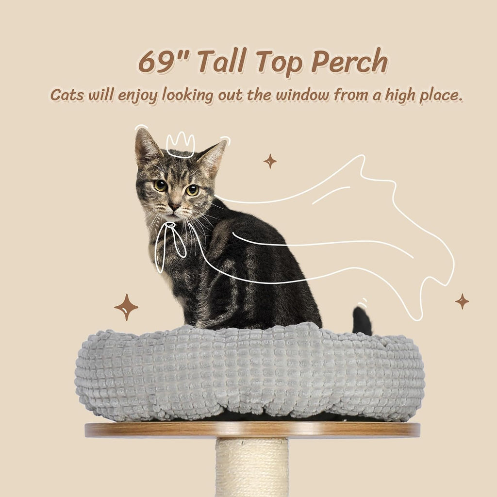 Solid Wood Cat Tree, 69" Large Tall Cat Tower Multi-Level Platforms with Sisal Scratching Posts, Cat Tree for Large