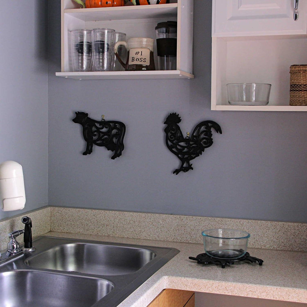 Farm Animal Kitchen Trivets, Black 9 Inch Cast Iron - Set of 3