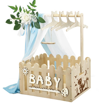 Baby Shower Crate Closet for Boys, Wooden Baby Gift Basket With Hanger Rack, 5 Hangers & DIY Decorations, Gender