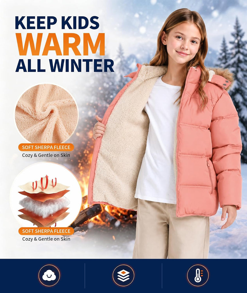 Boys Girls Winter Puffer Jacket Water Resistant Hooded Coat