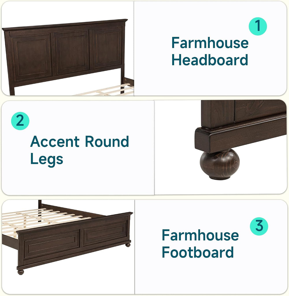 Farmhouse King Bed Frame with Tall Headboard, Wood Platform Bed and Footboard & Charging Station, Mid-Centery Rustic