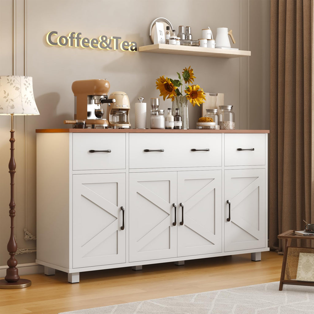 55" Sideboard Buffet Cabinet with Storage, Coffee Bar Cabinet with 3 Drawers and 4 Barn Doors, Long Storage Cabinet