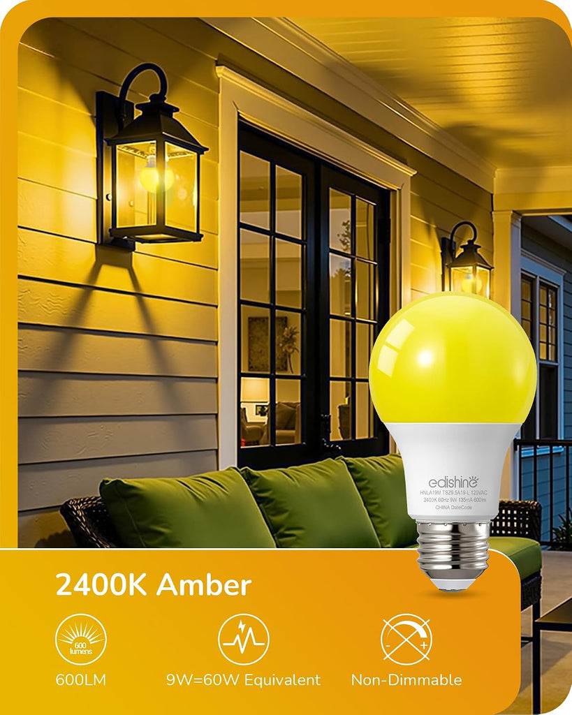 9W A19 Yellow Bug Light Bulbs, 2400K Amber E26 8-Pack