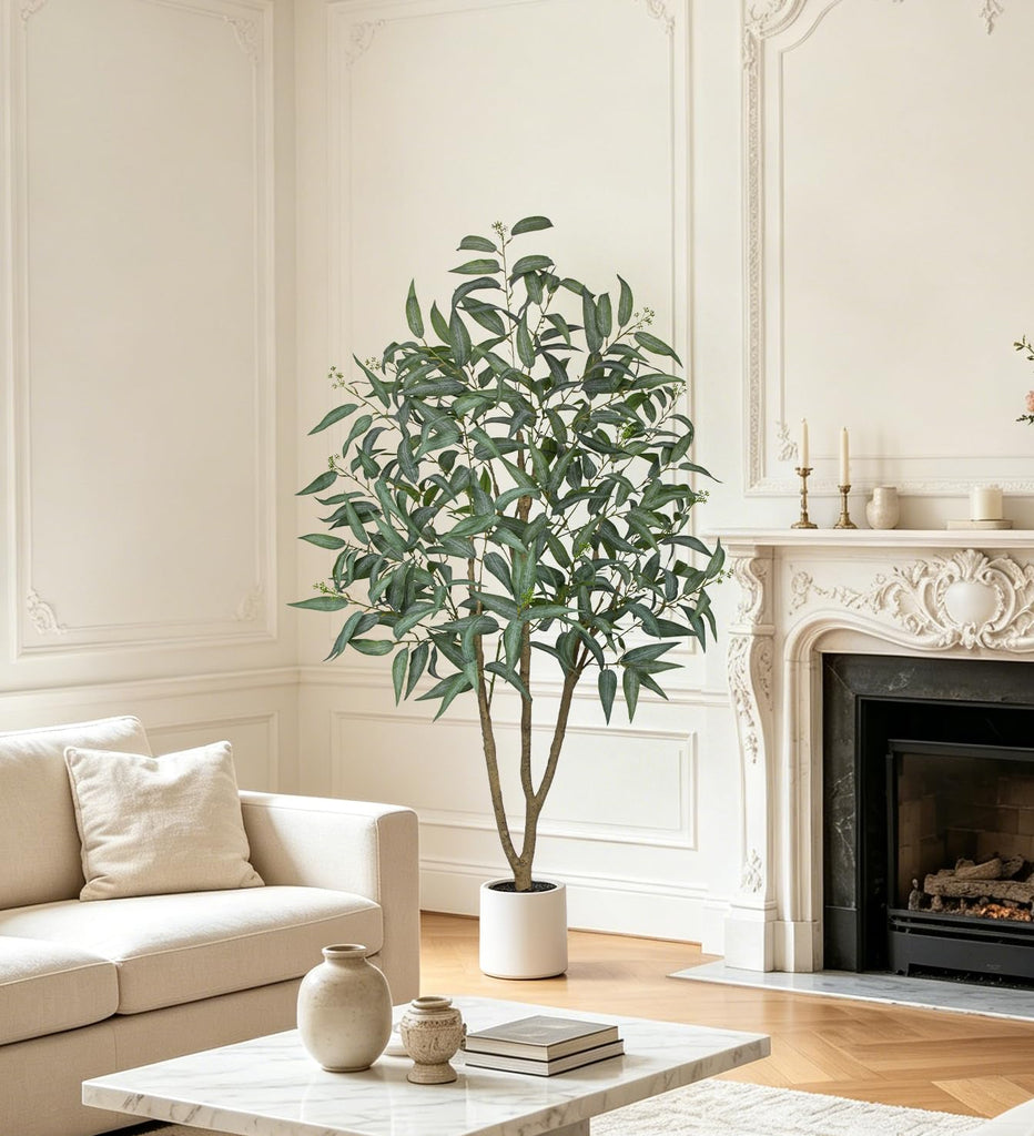 Eucalyptus Trees Artificial Indoor - 2PCS 5FT Tall Faux Eucalyptus Plants in White Planter, Fake Plant Décor for