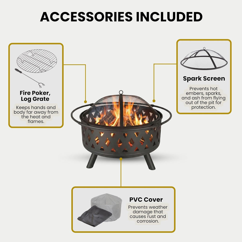 Fire Pit - 32-Inch Outdoor Wood Burning Firepit with Screen, Poker, and Cover - Outdoor Fire Pits