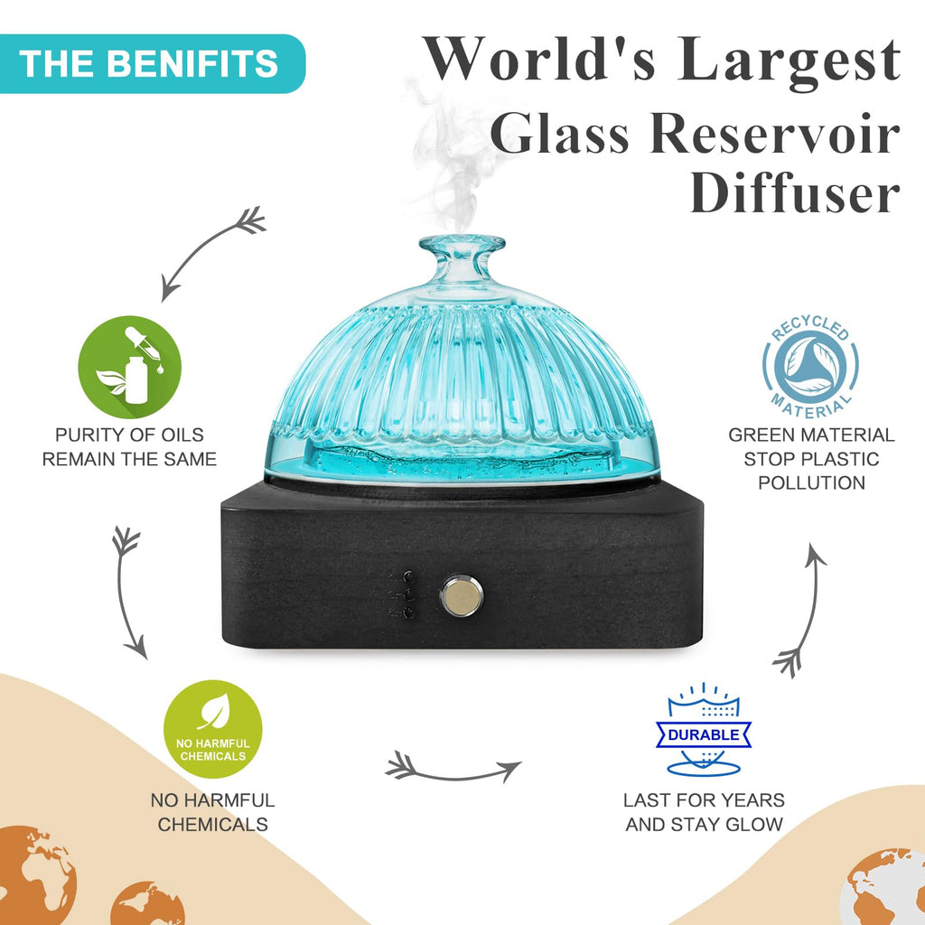 Glass Dome Essential Oil Diffuser with Glass Reservoir & Wood Base-Plastic Free, 200ml Ultrasonic Diffuser for
