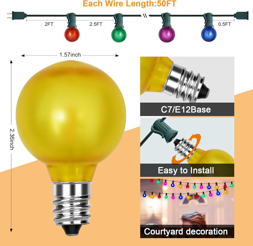 50Ft Outdoor Frosted Multicolor Christmas Lights, Globe Patio String Lights with 25 Ceramic Colorful Bulbs(2 Spare)