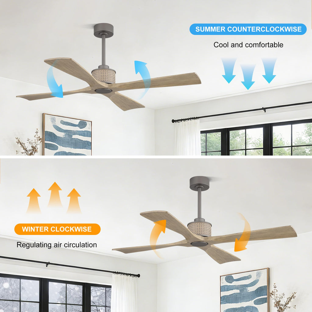 54" Ceiling Fan without Light - Remote Control, Solid Wood, 6-Speed, Reversible DC Motor, Driftwood/Charcoal Gray