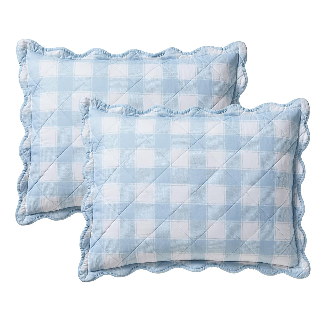 Blue Quilt for Bed, 2-Piece Gingham Scalloped Bedspread Coverlet and Sham (Checkered Bliss)