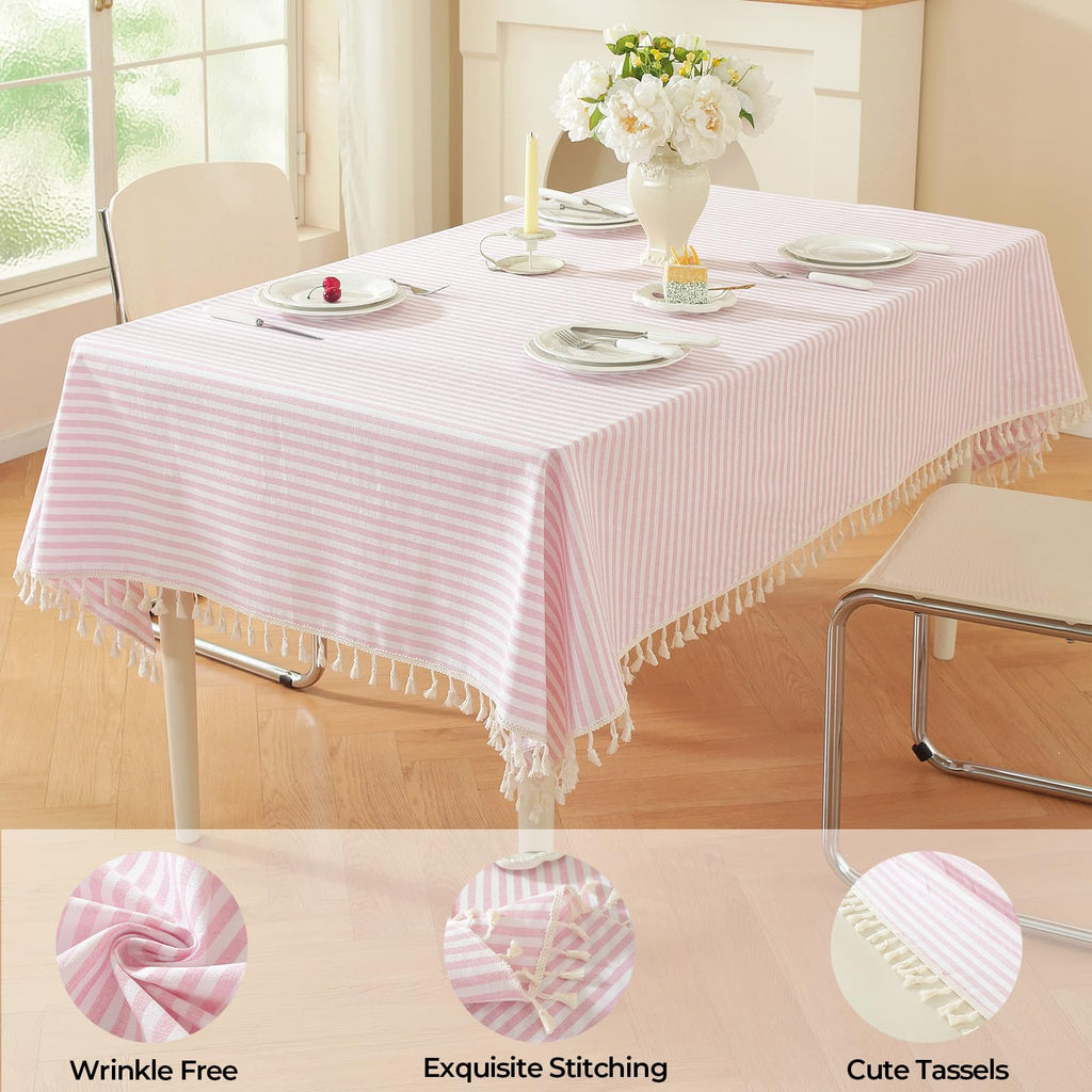 Striped Square Tablecloth, Cotton Blend Fabric Pink Table Cloth with Tassel, Washable Wrinkle Free Table Cover Cute