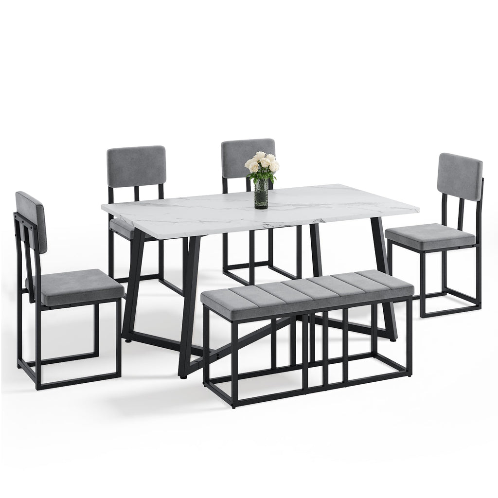 Dining Table Set for 6 with Velvet Upholstered 4 Chairs and 1 Bench