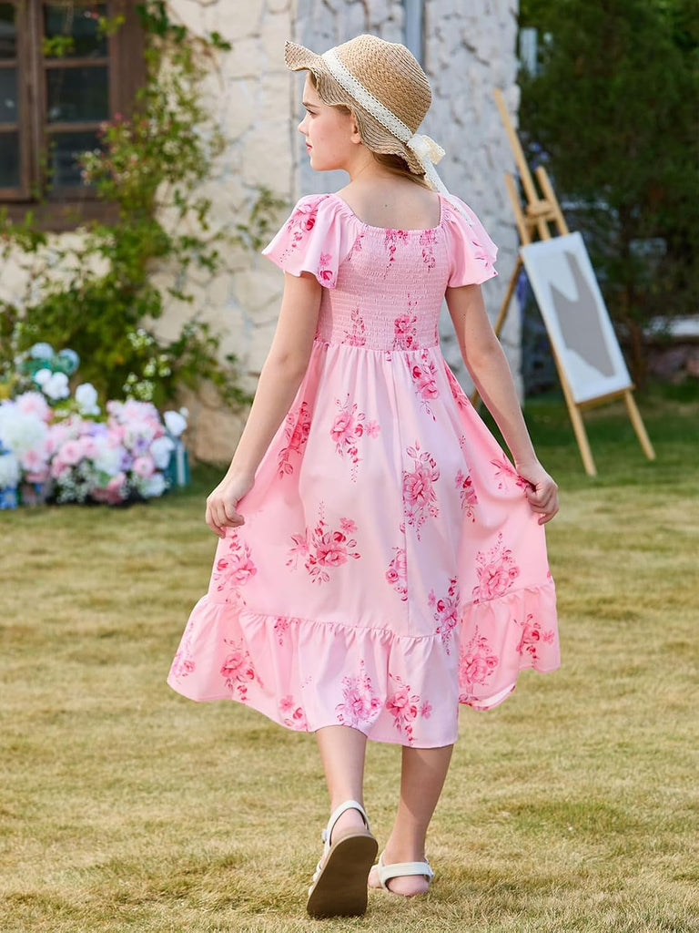 Girls Summer Dress Kids Square Neck Ruffle Sleeve Smocked Midi Dresses with Pockets