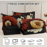 Xruibed Black Floral Comforter Set Queen 7 Pieces Bed in a Bag Flower Bedding Sets Lightweight Boho Bed Set with