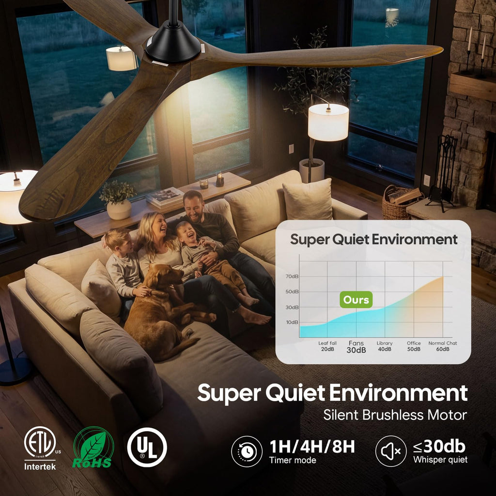 36 Inch Smart Small Ceiling Fan with Lights, 3 Solid Wood Propeller Blades