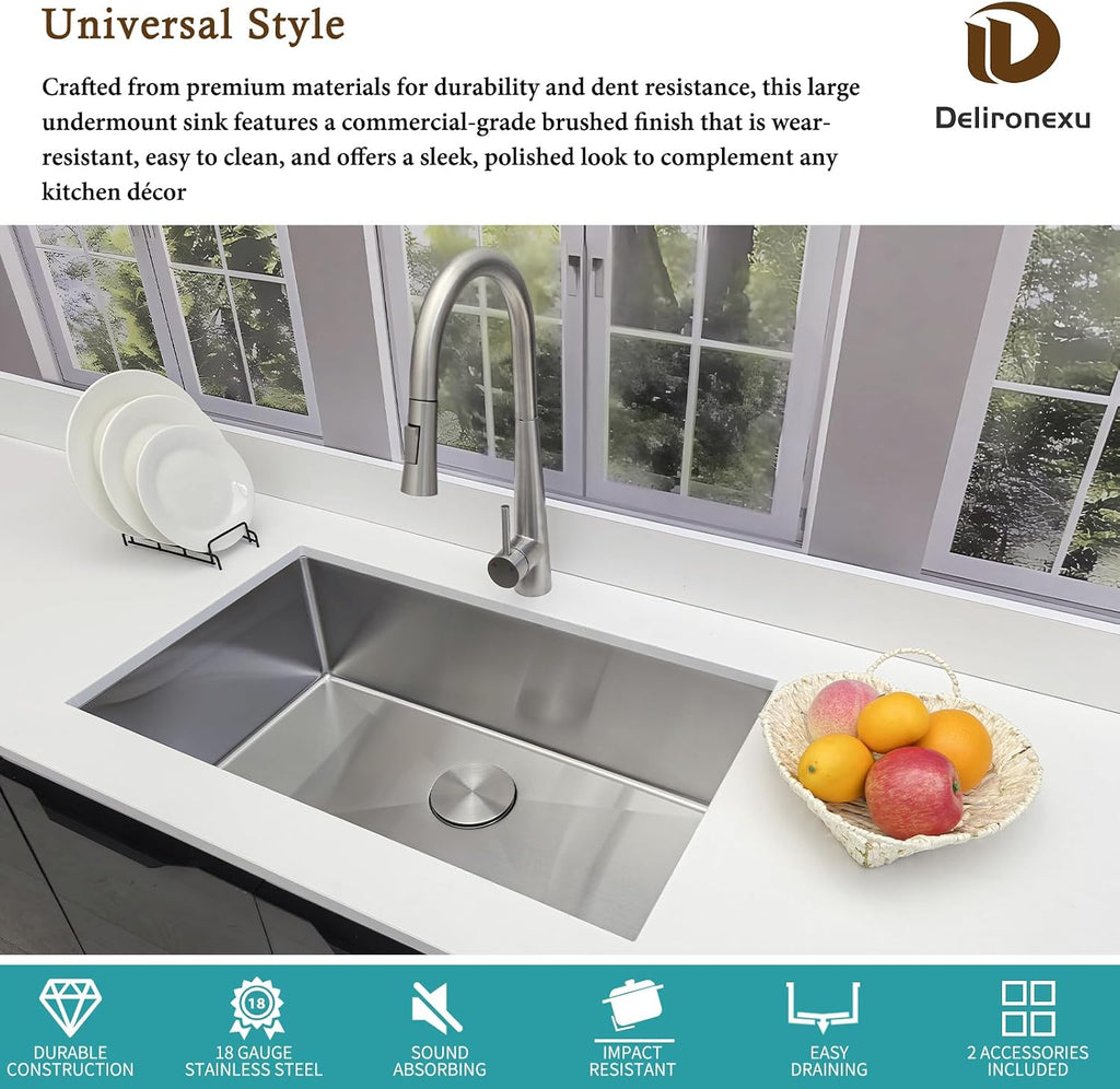 32 Inch Undermount Kitchen Sink - 18 Gauge Stainless Steel Kitchen Sink Undermount, 32''x18'' Single Bowl kitchen