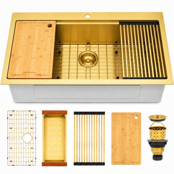 33" X 22" Drop In Gold Kitchen Sink, Single Bowl Top Mount Kitchen Sink, 16 Gauge Stainless Steel Workstation Sinks