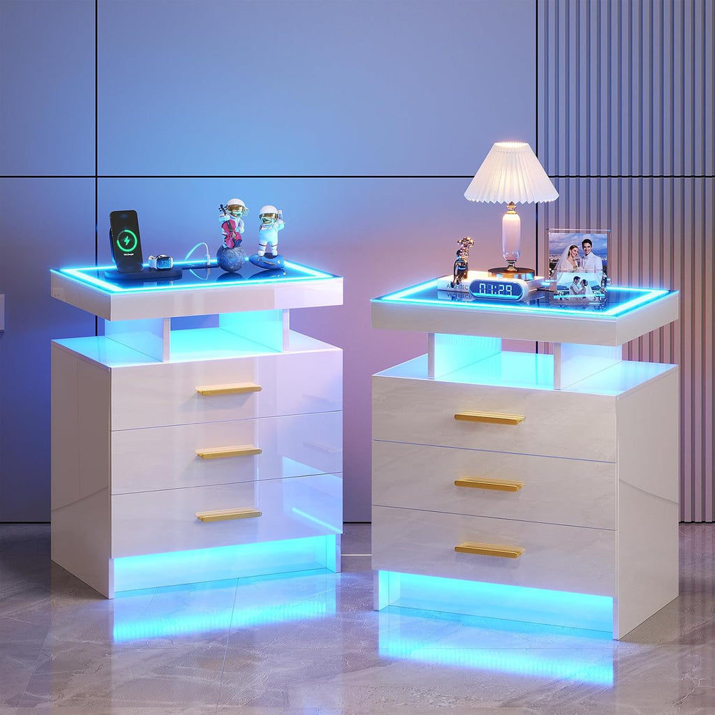 Night Stand Set 2 with LED Lights, High Gloss Nightstand with 3 Drawers,Wireless&USB&Type-C Charging Station,Smart