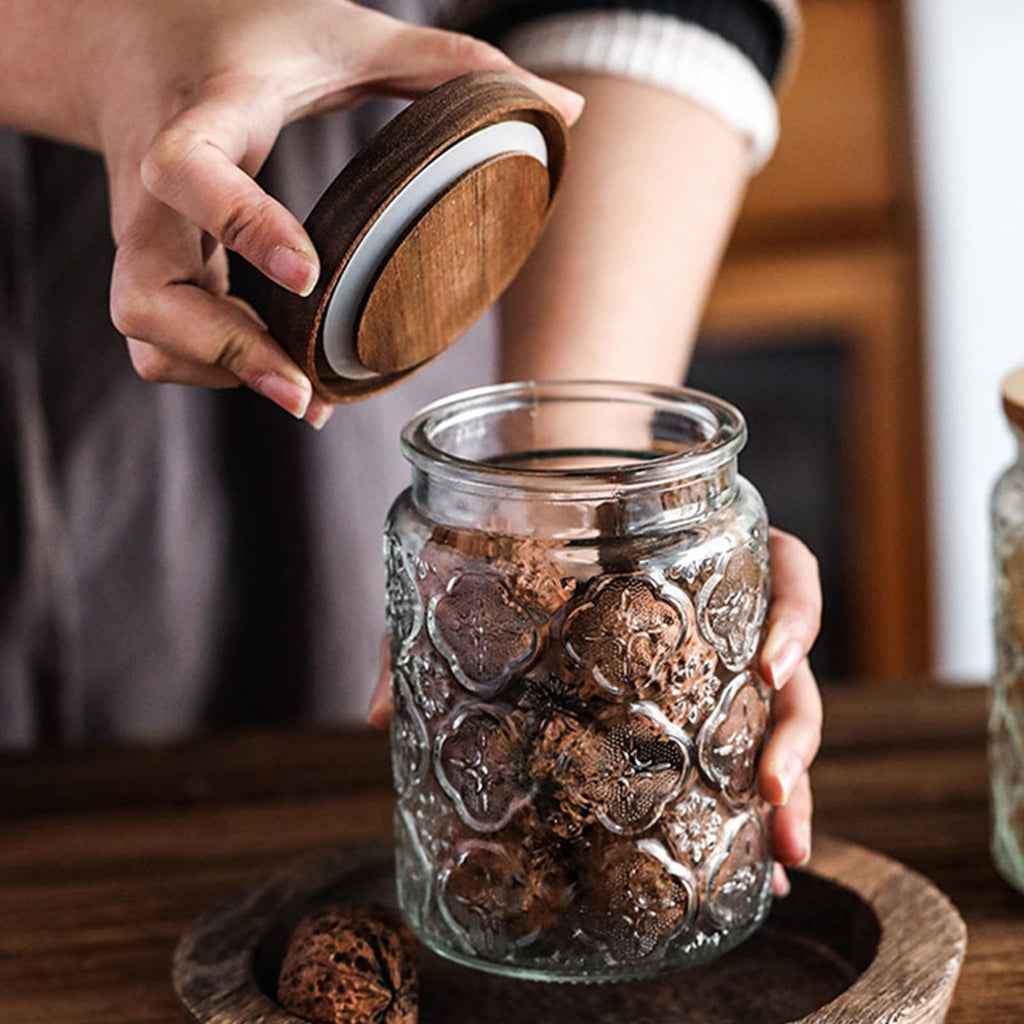 24 OZ/2 PCS Glass Storage Jar with Airtight Bamboo Wooden Lids, Vintage Food Containers Canisters Sets Counter