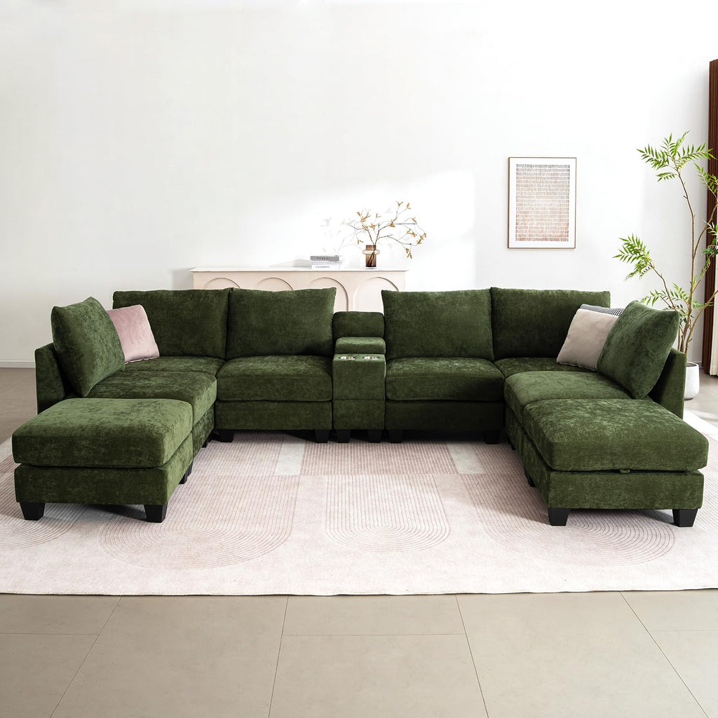 136" U Shaped 8 Seater Modular Sectional Sofa with Cup Holders