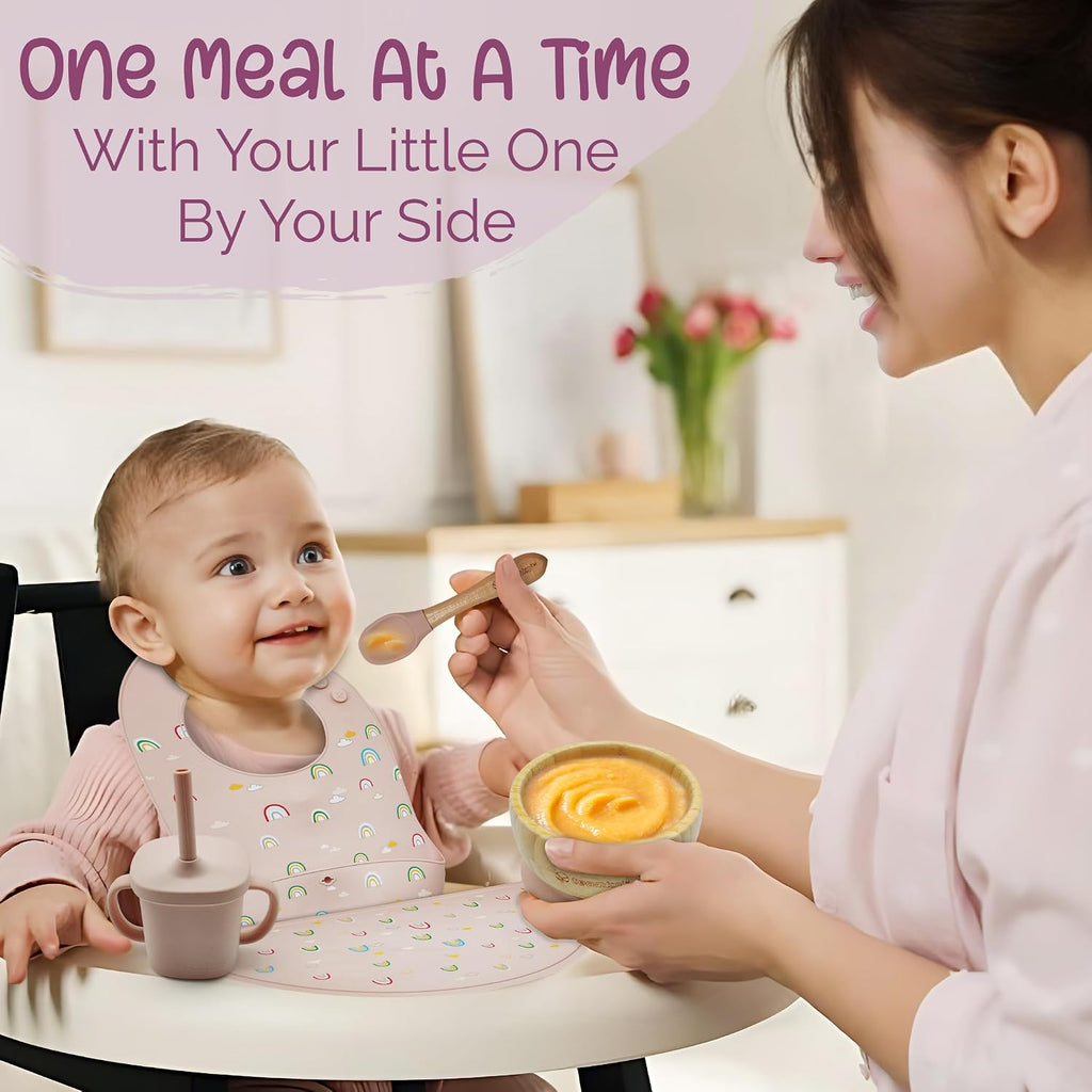Silicone Baby Feeding Set: Bamboo Baby Plate and Bowl, Bib, Utensils, Cup & Placemat - Bamboo Kids Plates - Ideal