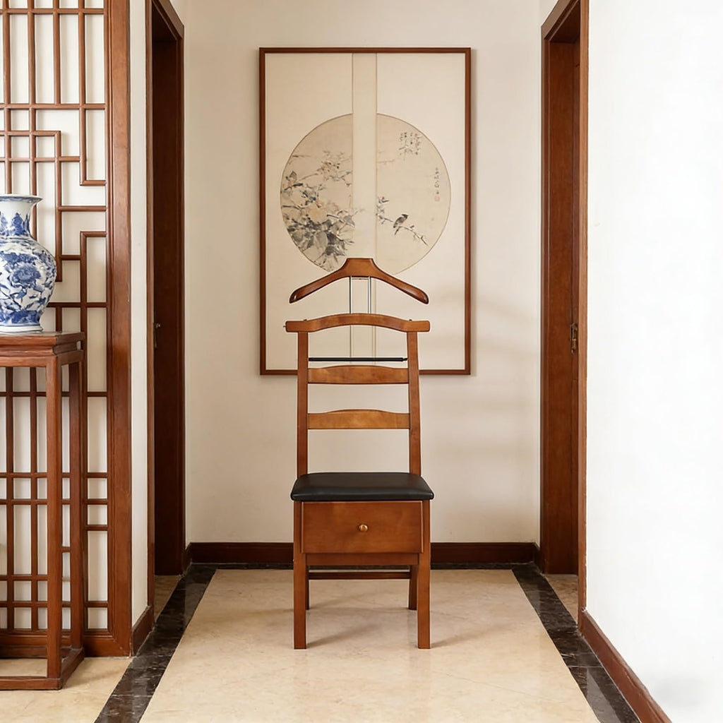 Wooden Valet Chair with Drawer, Suit Rack, Trouser Holder, Freestanding Clothes Organizer for Men and Women