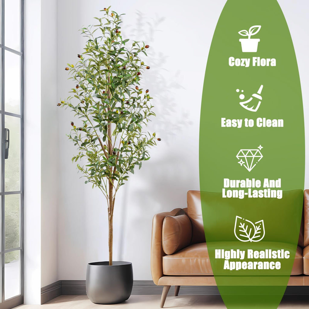 6FT Artificial Olive Tree Indoor, Tall Faux Olive Tree with Pot&Basket, Large Fake Olive Tree with Realistic 1080