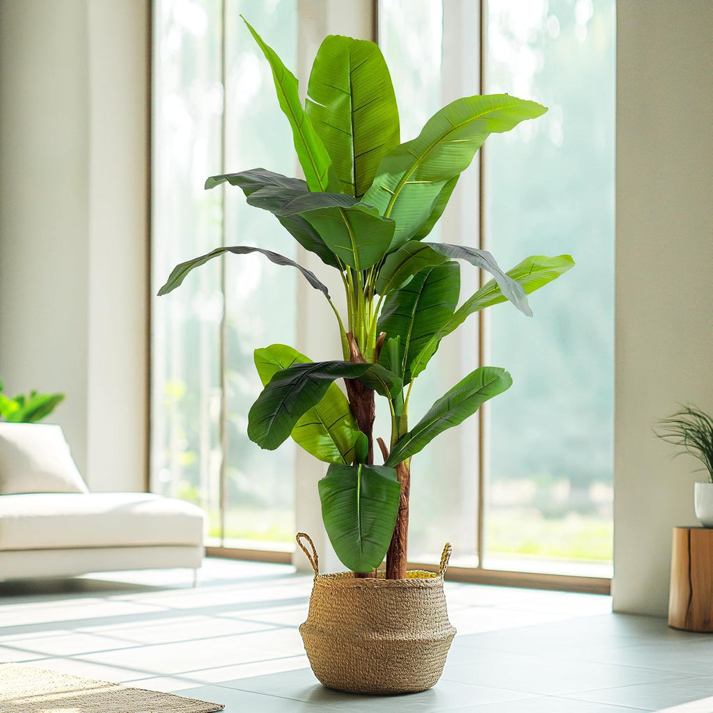 6FT Artificial Banana Tree, Lifelike Fake Banana Leaf Tropical Silk Tree, Easy Assembly Faux Floor Plant with Sturdy