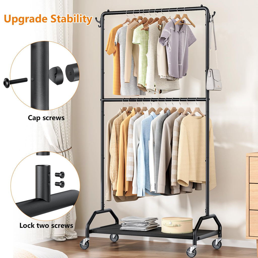 Clothes Rack Double Hanging Clothes Rack Clothing Rack Garment Rack 130LBS Capacity 34.5" W X15.8 D X 79" H Rolling