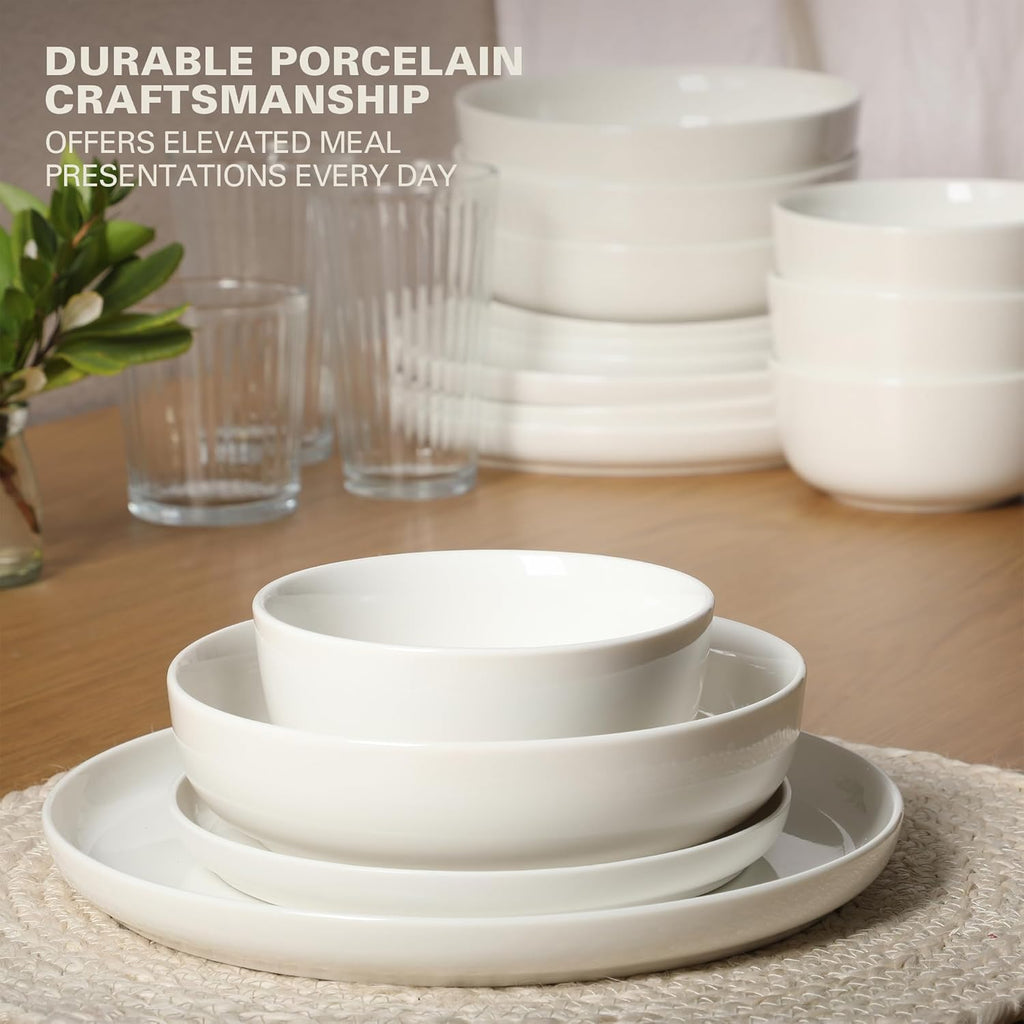 Oslo Dinnerware Set for 4, 16-Piece White Porcelain Plates and Bowls - Ceramic Dish Set | Microwave & Dishwasher Safe
