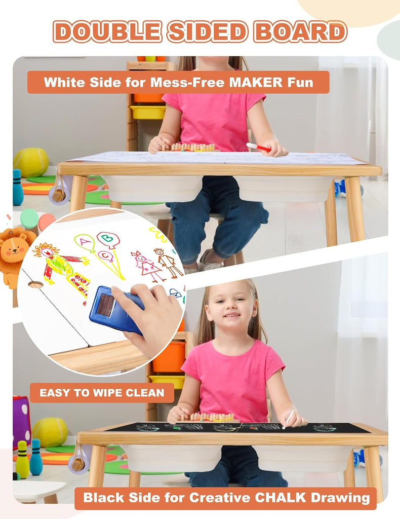 Kids Sensory Table,Sensory Activity Table with Paper Roll Stick & Double-Side Board,Toddler Play Sand Table with 3