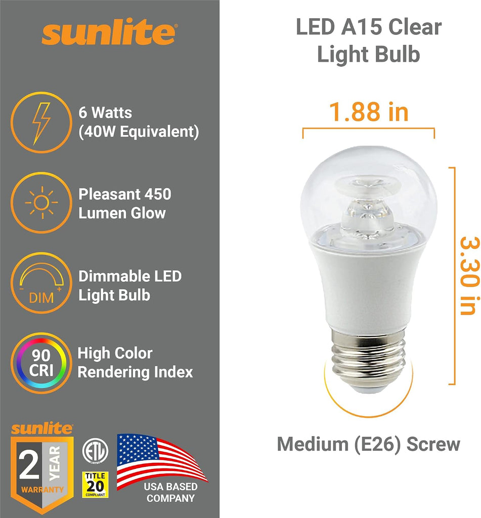 LED A15 Appliance Clear Light Bulb, 6 Watts (40W Equivalent), 450 Lumens, Medium Base (E26), 90 CRI, Dimmable, ETL