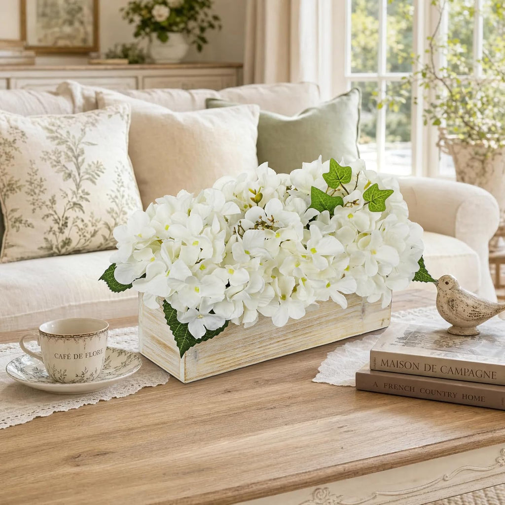 White Hydrangea Artificial Flowers in Wooden Pot Faux Silk Hydrangea Flowers Potted Fake Fall Flower Floral
