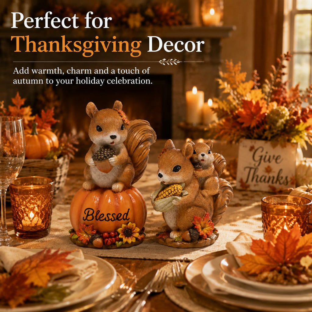 Fall Squirrel Decor, 2-Piece Resin Thanksgiving Figurine Set