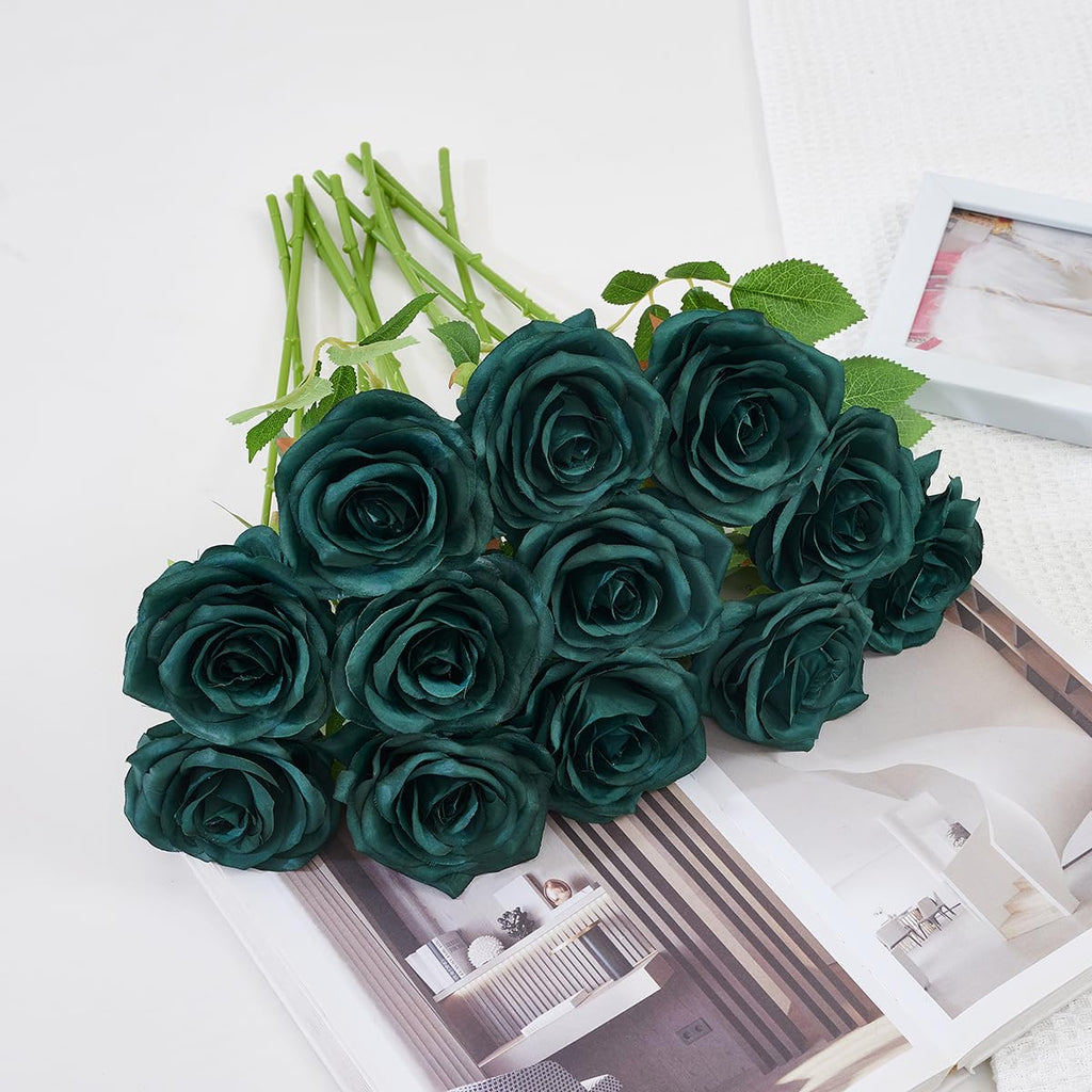 50pcs Emerald Green Roses Artificial Flowers Bulk, Fake Roses Silk Flower with Stems Realistic Flowers for Wedding