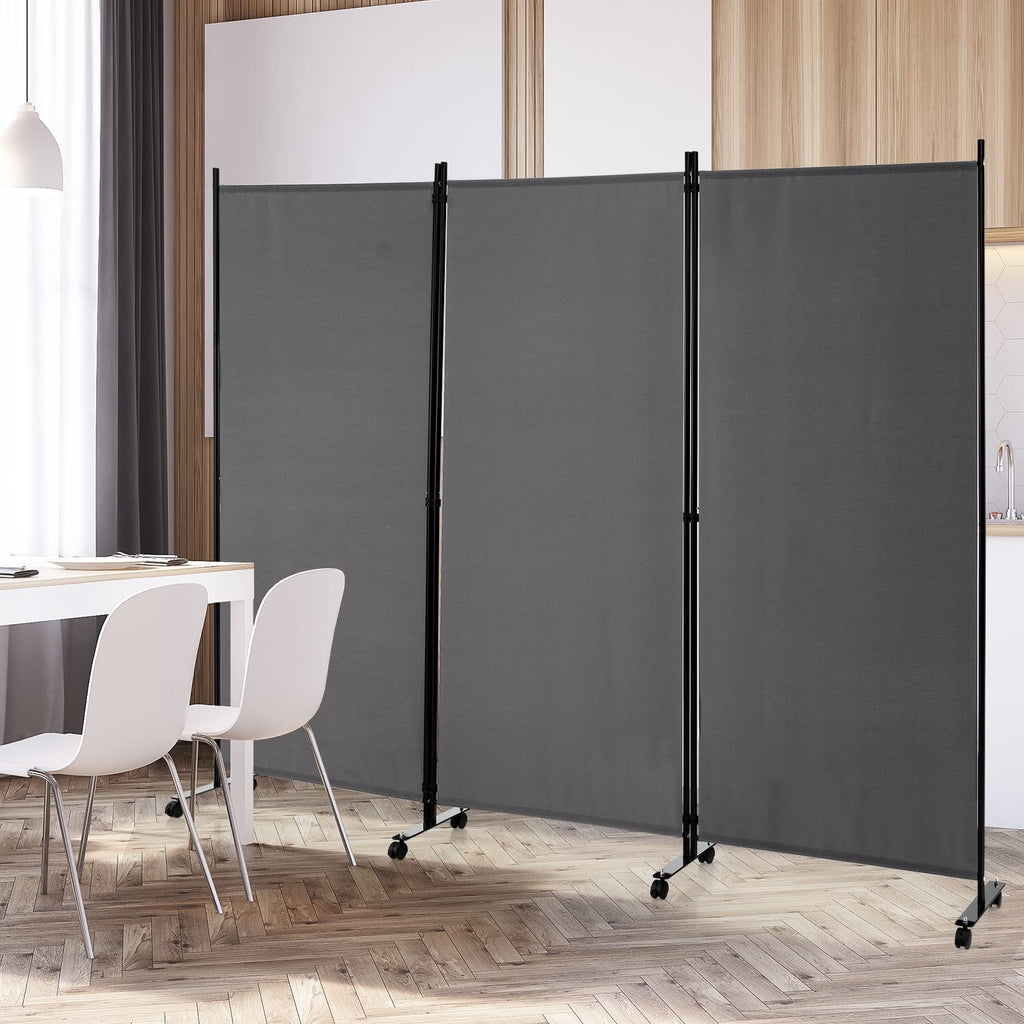 3 Panel Folding Room Divider with Wheels, 103" x 71", Gray