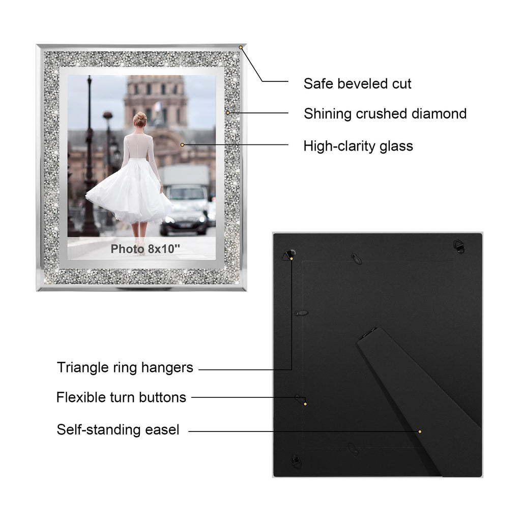 8x10 Picture Frame Glass Crushed Diamond Sparkle Photo Frames 2 Pack, Crystal Silver Mirror Frame Decor, Wedding Gift