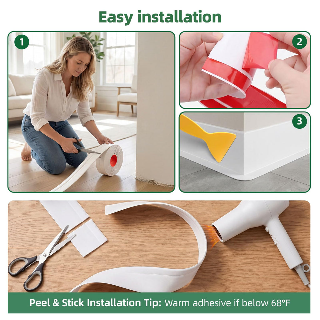 16.4ft Flexible Vinyl Baseboard Trim with Toe, Stick Wall Base