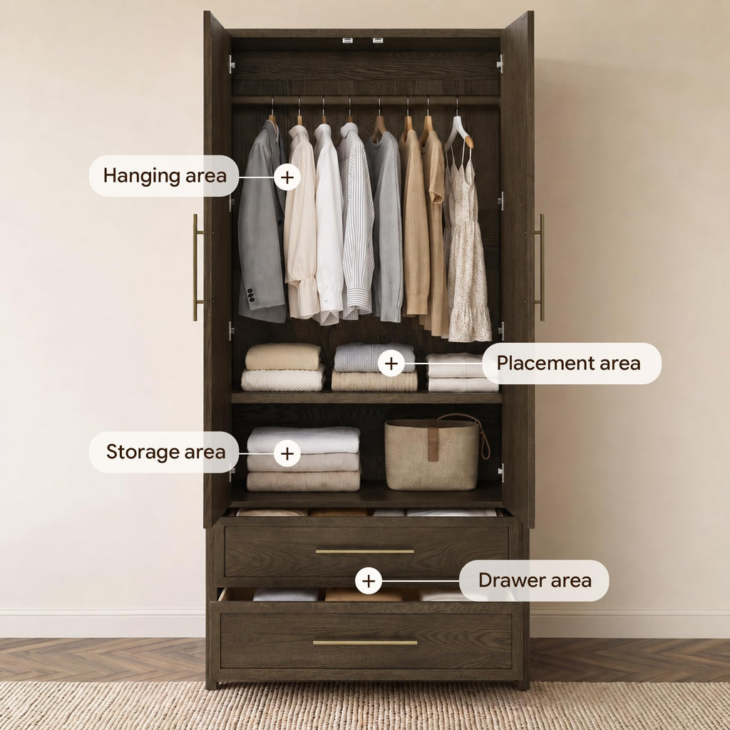 Solid Wood Armoire Wardrobe with Drawers, Storage Cabinet with Arched Doors
