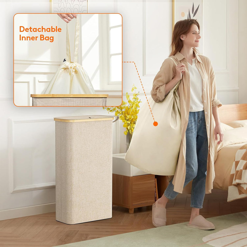 65L Slim Laundry Hamper with Lid, Narrow Laundry Basket with Removable Bag & Bamboo Handles, Fodable Thin Dirty