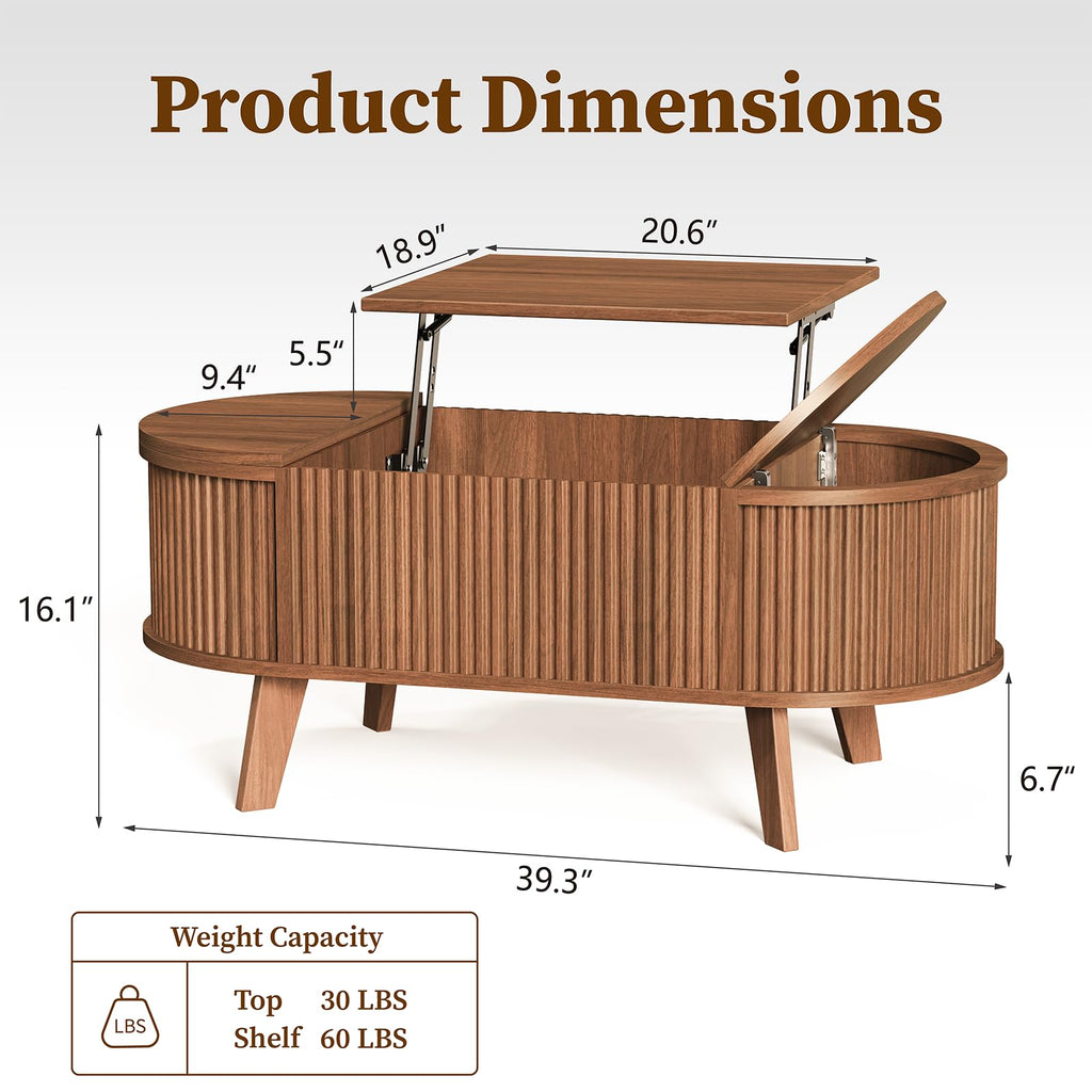39.4" Oval Fluted Coffee Table with Lift Top, Hidden Storage, Walnut